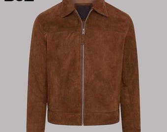 Giacca da uomo in pelle scamosciata marrone, realizzata a mano, stile vintage.