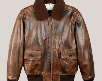 Giubbotto da aviatore in pelle vintage, bomber in pelle marrone fatto a mano, cappotto da aviatore con collo in pelliccia di montone