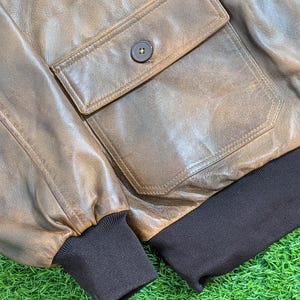 Vintage Leather Flight Jacket, Handmade Brown Vaxed Bomber, Shearling Fur Collar Aviator Pilot Coat image 6
