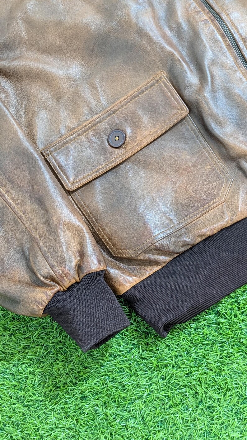 Vintage Leather Flight Jacket, Handmade Brown Vaxed Bomber, Shearling Fur Collar Aviator Pilot Coat image 6