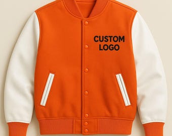 Orange Varsity-jacka - Äkta läderärmar Letterman-bomberjacka - Egen logotyp broderad