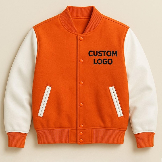 bomber jacket varsity jacket orange Orange Varsity Jacket Genuine Leather Sleeves Letterman Bomber Jacket  Custom Logo Embroidered Canada