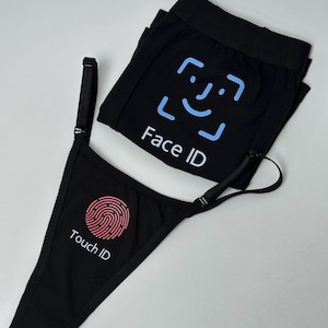 May include: A black thong and a black pair of boxer briefs. The thong features a pink fingerprint graphic with the text "Touch ID" below it. The boxer briefs feature a light blue facial recognition frame graphic with the text "Face ID" below it.