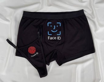 Lingerie personalizada com reconhecimento facial e touch ID para casais, incluindo boxers e tangas.