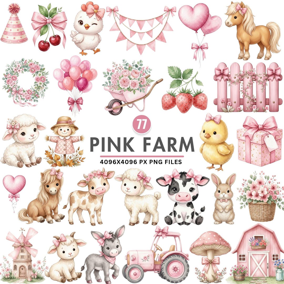 Pink Farm Clipart, Watercolor Farm Animals PNG, Cute Cow Horse Barnyard ...