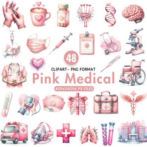 Watercolor Pink Medical Clipart, Nurse Doctor PNG, Healthcare Icons, Stethoscope Syringe Bandage, Hospital Pharmacy Art, Sublimation Use