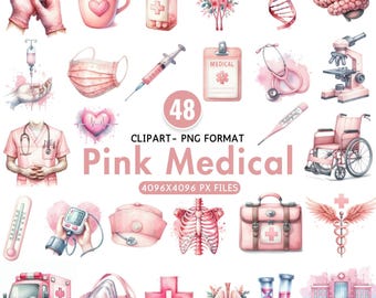 Clipart médico de acuarela rosa, PNG de enfermera y doctor, iconos de atención médica, vendaje de jeringa con estetoscopio, arte de farmacia hospitalaria, uso de sublimación