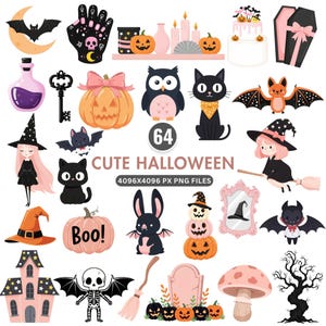 Cute Halloween Clipart, Kawaii Ghost, Pumpkins, Witches, Black Cats, Bats, Haunted Houses, Jack-o&#39;-Lantern PNG, Spooky Cute Digital Download