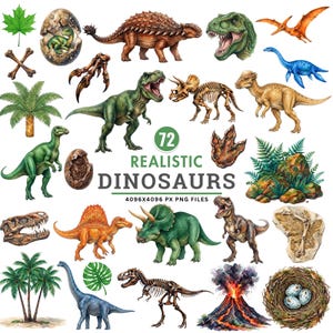 Könnte beinhalten: Eine digitale Sammlung von 72 realistischen Dinosaurier-Illustrationen, darunter verschiedene Arten, Skelette, Fossilien, Eier, ein Vulkan und prähistorische Pflanzen. Der Text lautet 72 REALISTIC DINOSAURS 4096X4096 PX PNG FILES.