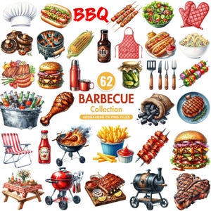 Watercolor BBQ Clipart, Barbecue Party Clipart, Grill Clipart, Summer Picnic PNG, Cookout Clipart, Backyard BBQ Clipart, Food Clipart Bundle