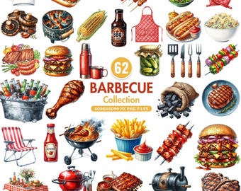Watercolor BBQ Clipart, Barbecue Party Pngs , Grill Clipart, Summer Picnic PNG, Cookout Clipart, Backyard BBQ Graphics, Commercial Use