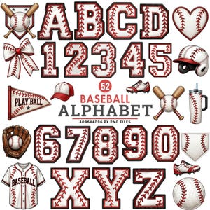 May include: A digital collection of baseball-themed alphabet letters, numbers, and sports icons featuring a white leather texture with red stitching. Elements include a baseball jersey, glove, bat, helmet, pennant with text PLAY BALL, and cleats.
