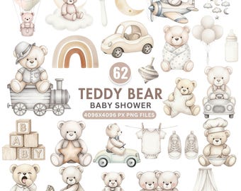 Watercolor Teddy Bear Clipart, Neutral Teddy Bear, Boho Nursery Clipart, Baby Shower PNG, Beige Baby Bear, Sleeping Bear, Hot Air Balloon