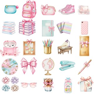 Groovy back to school clipart bundle featuring notebooks, pencils, and teacher graphics