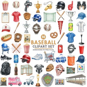 Könnte beinhalten: Eine Sammlung von 90 Baseball-Clipart-Bildern, darunter Ausrüstung wie Schläger, Handschuhe, Helme und Bälle, sowie Lebensmittel wie Popcorn und Hotdogs. Das Set enthält auch ein Baseballfeld und eine Anzeigetafel.