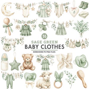 May include: A collection of watercolour illustrations featuring sage green baby clothes, accessories, and toys including a crescent moon, pacifiers, a teddy bear, a lamb, baby dresses, onesies, booties, a rattle, and eucalyptus branches with text.