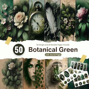 Kit de diário de lixo verde botânico, páginas vintage para impressão de ervas, papel para scrapbook, colagem digital de objetos efêmeros, plantas envelhecidas, flores rústicas