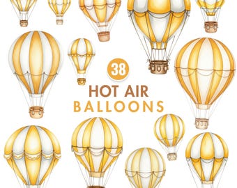 Yellow Hot Air Balloon Clipart, Pastel Balloon PNG, Baby Shower Clipart, Vintage Nursery Decor, Watercolor Hot Air Balloon, Instant Download