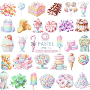 Clipart pastel snoep, Candyland cupcake, ijs, suikerspin, aquarel dessert clipart, zoete lekkernijen, snoep graphics, png-download