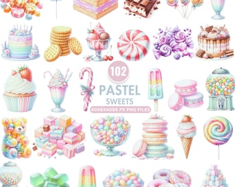 Pastel Sweets Clipart, Candyland Cupcake, Ice Cream, Cotton Candy, Watercolor Dessert Clipart, Sweet Treats, Candy Graphics, PNG Download