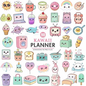 Pode incluir: Uma coleção de 90 gráficos de planejador no estilo Kawaii. As imagens incluem um sol sorridente, abacate, laptop, cupcake, mochila, despertador, sorvete, planeta, avião, TV, diamante e muito mais. O texto "KAWAII PLANNER" é exibido.