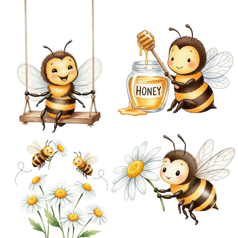 Spring themed bee PNGs with cute honey bees and whimsical elements for sublimation and crafts