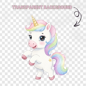 Watercolor baby unicorns with rainbows ideal for girl party decorations and printable designs