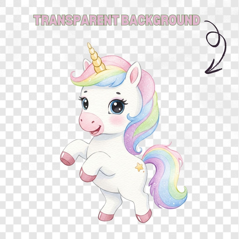 Watercolor baby unicorns with rainbows ideal for girl party decorations and printable designs