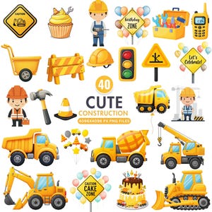 Pode incluir: Uma coleção de ilustrações fofas com tema de construção. Inclui veículos de construção amarelos, ferramentas, sinais de segurança, um bolo de aniversário e trabalhadores. O texto "40 CUTE CONSTRUCTION" é exibido.