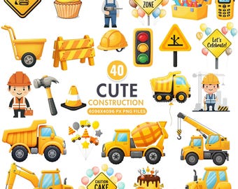 Construction Party Clipart, Cute Kids Construction Vehicles, Excavator, Dump Truck, Bulldozer Clipart, Birthday Clipart, Baby Shower Decor
