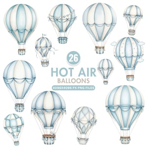 Blue Hot Air Balloon Clipart, Air Transport Clipart, Watercolor Baby Shower PNG, Vintage Nursery Decor, Pastel Balloon Png, Instant Download