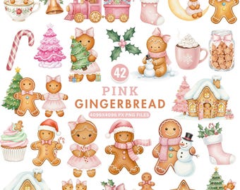 ピンクのジンジャーブレッドのクリップアート、水彩画のクリスマスPNG、ジンジャーブレッドマンのクッキーPNG、ジンジャーブレッドハウス、かわいいクリスマスPNG、商用利用可能なPNG