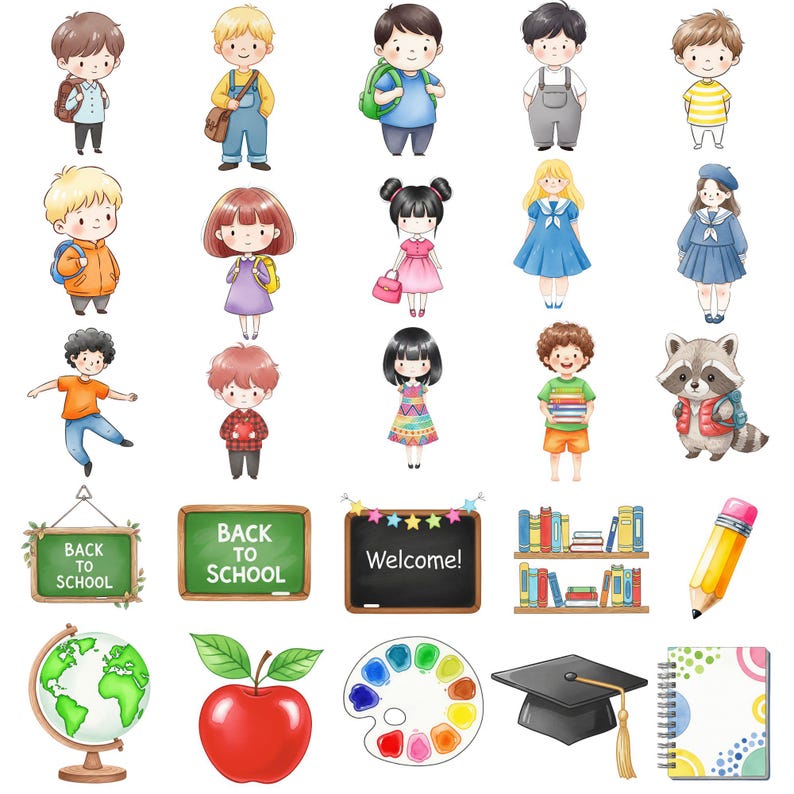 Digital school clipart set in pastel colors showing kawaii-style kids, stationery, and school icons for educational art and sublimation use.