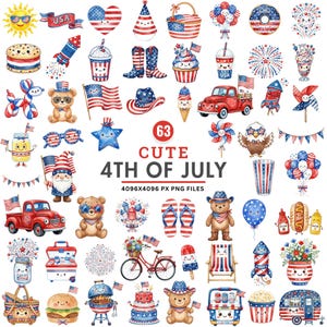 Könnte beinhalten: Eine Sammlung von 63 niedlichen Illustrationen zum Thema 4. Juli. Die Bilder zeigen patriotische Elemente wie Flaggen, Feuerwerk, Teddybären und Lebensmittel wie Cupcakes und Hotdogs. Der Text "CUTE 4TH OF JULY" ist prominent dargestellt.