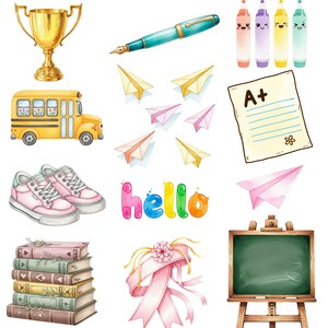 Back to school PNG graphics set with pastel books, rulers, and highlighters in kawaii style