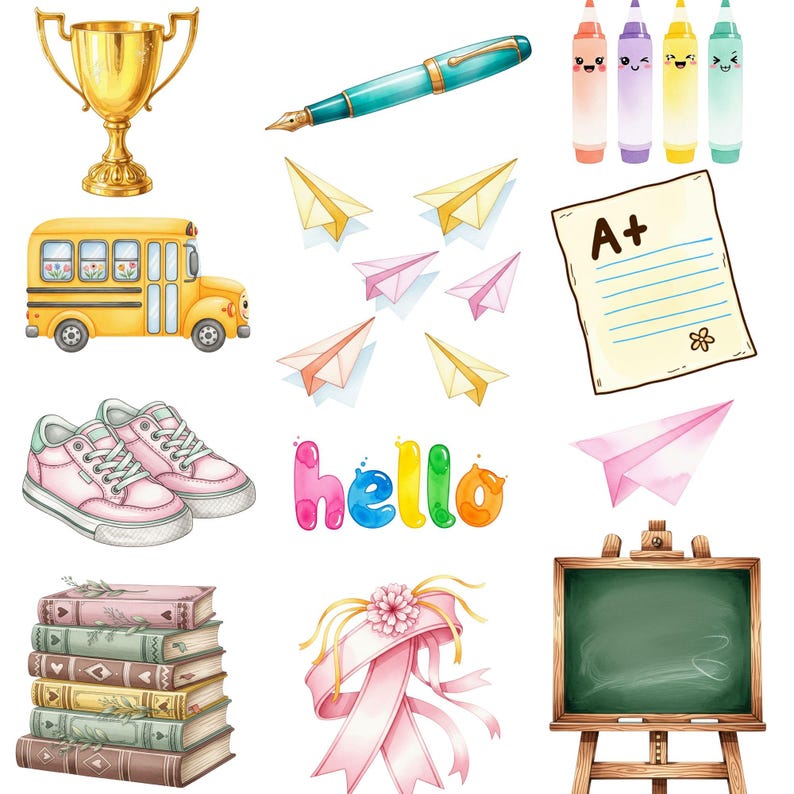 Back to school PNG graphics set with pastel books, rulers, and highlighters in kawaii style