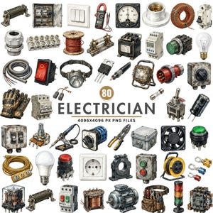 May include: A collection of 80 electrical components and tools including circuit breakers, switches, light bulbs, wires, a soldering iron, pliers, a motor, and a tool belt, labeled with the text 80 ELECTRICIAN 4096X4096 PX PNG FILES.