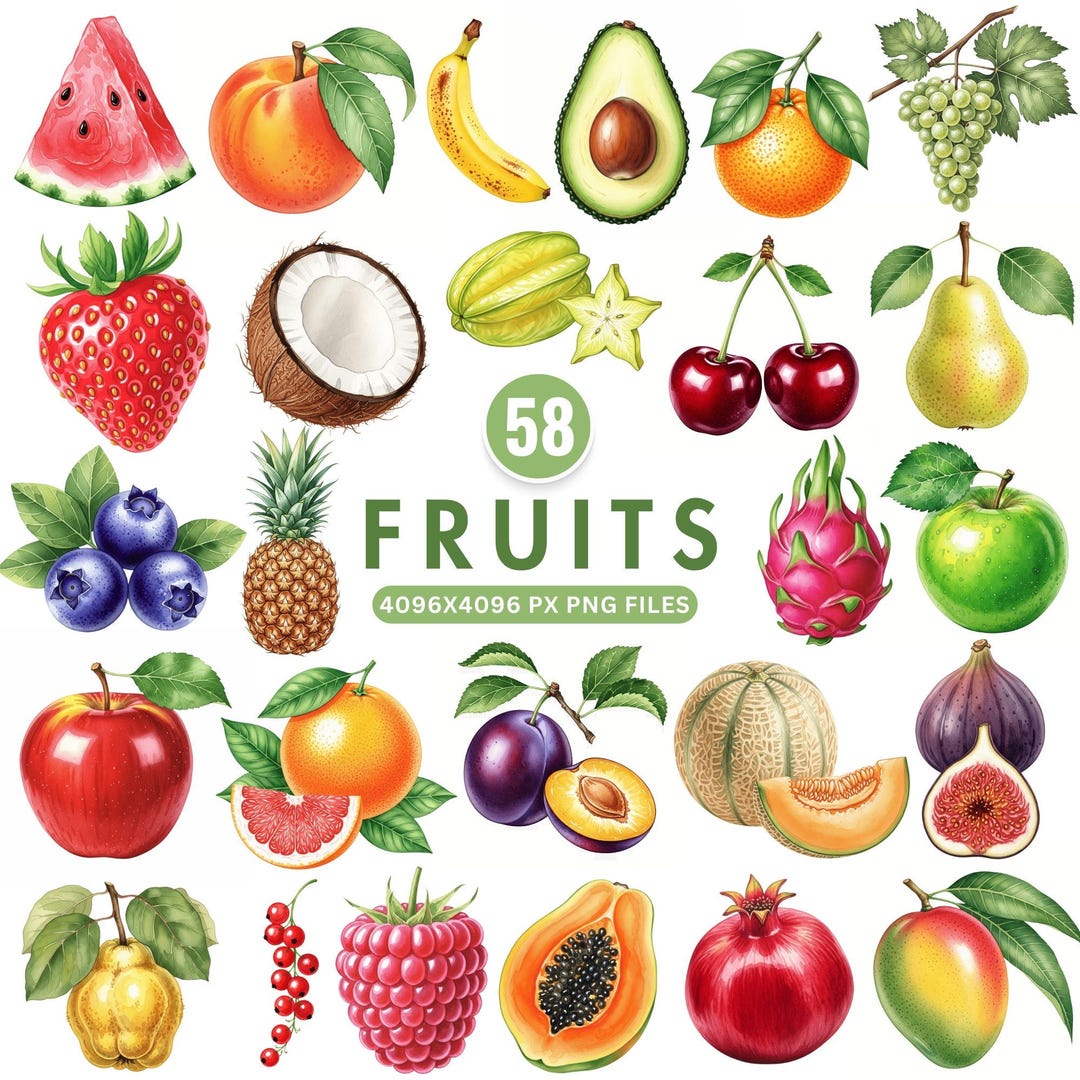 Watercolor Fruits Clipart Bundle, Cute Fruit Clipart, Fresh Fruit ...