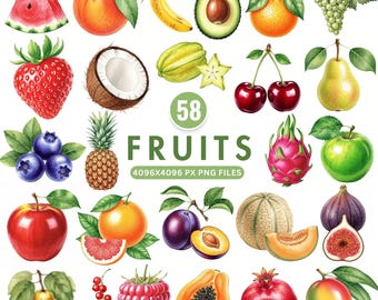 Aquarell Früchte Clipart Bundle, süßes Obst Clipart, frisches Obst Sublimation, Apfel, Erdbeere Banane, Wassermelone Avocado, kommerzielle Nutzung