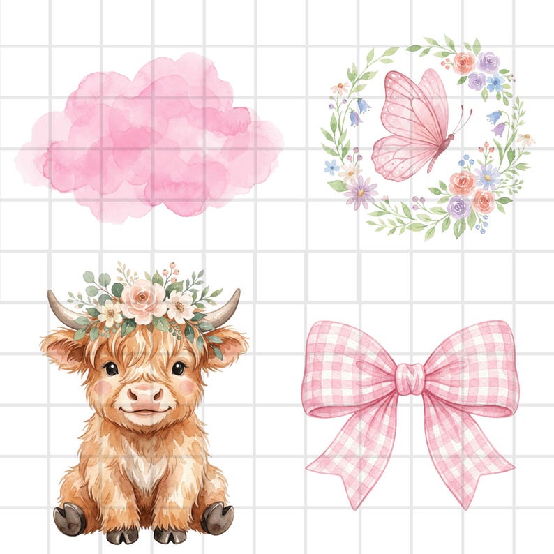 Whimsical watercolor pink highland cow standing in a gentle farmhouse aesthetic style, perfect for sublimation and printable wall decor.