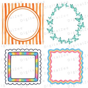 Cute whimsical frames clipart set with colorful watercolor borders and hand drawn doodle elements for invitations, party stationery, scrapbooking, and printable decor.