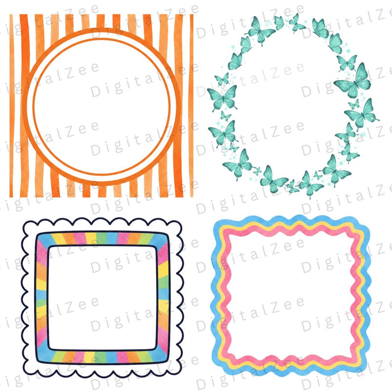 Cute whimsical frames clipart set with colorful watercolor borders and hand drawn doodle elements for invitations, party stationery, scrapbooking, and printable decor.