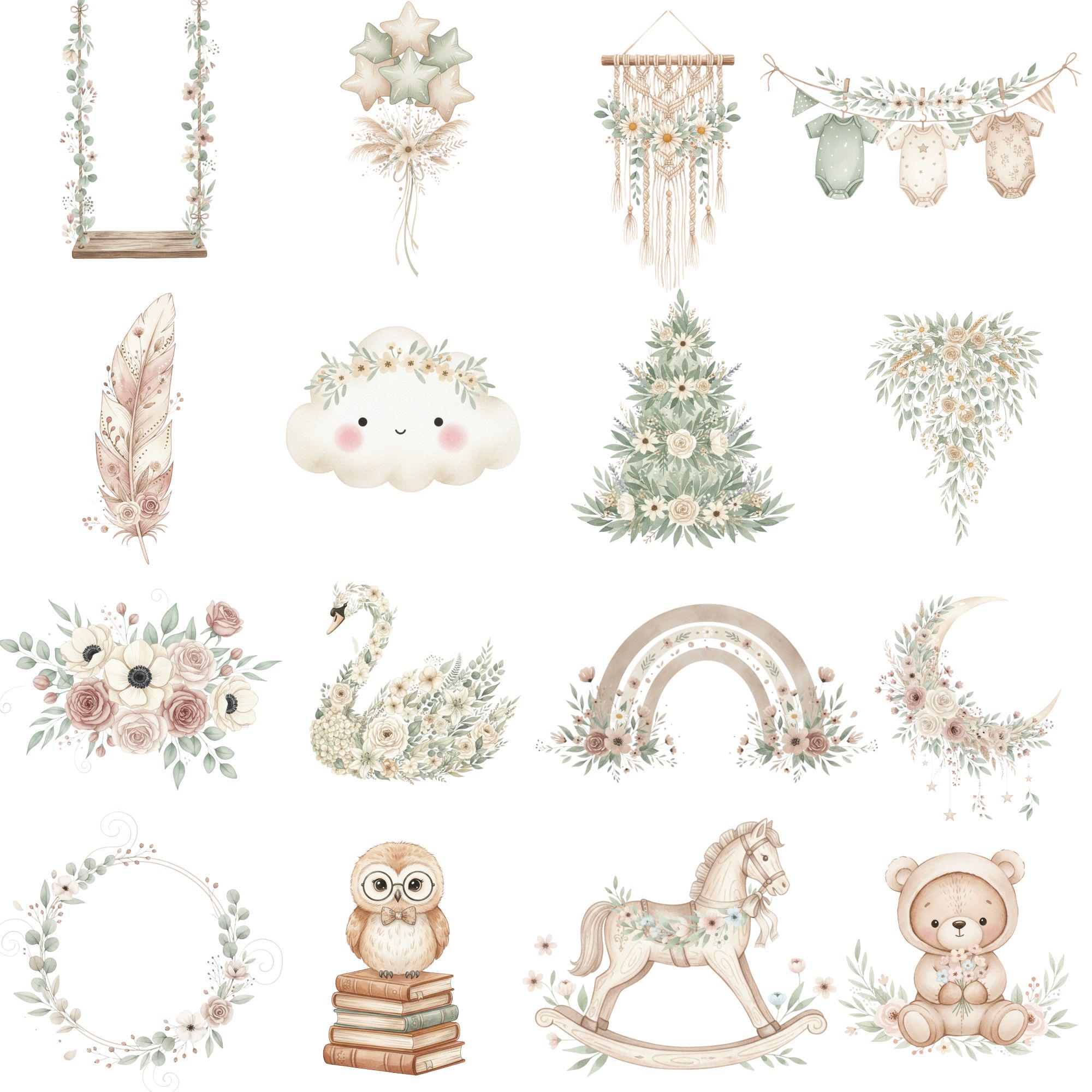 Boho Baby Animals Clipart, Watercolor Woodland Baby Critters, Neutral ...