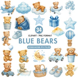 Blauer Teddy Bär Clipart Aquarell Baby Dusche PNG süße Bär Kinderzimmer Kunst Baby Boy Clipart Ballon Bär schlafenden Teddy Boho digitaler Download