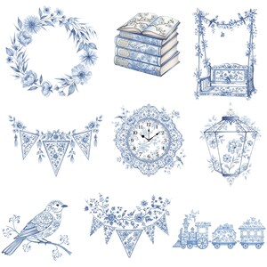 Chinoiserie style blue toile baby clipart set with hand-painted toys, bunny, teddy bear, and floral watercolor elements for elegant nursery designs