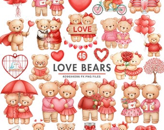 Valentine Teddy Bear Clipart, Cute Love Bears Png, Whimsical Valentine Bear, Watercolor Teddy PNG, Valentine’s Day Clipart, Commercial Use