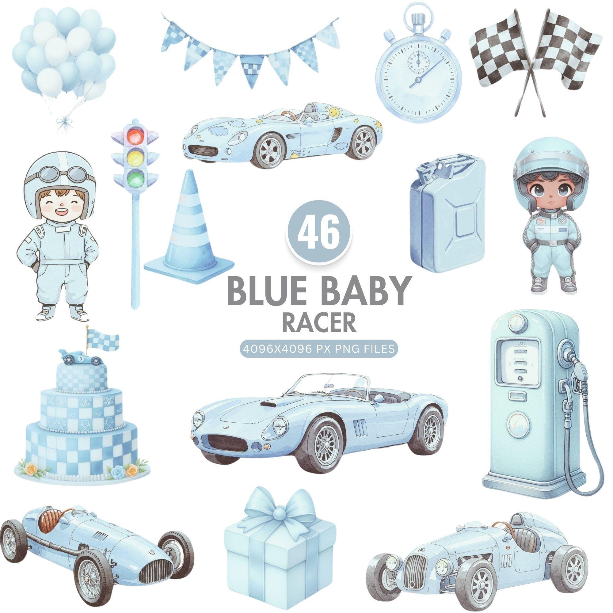 Baby Racer Clipart, Race Car Clipart, Blue Little Racer, Baby Shower Boy, Cute Boy Driver, Nursery Decor, Kids Clipart PNG, Commercial Use