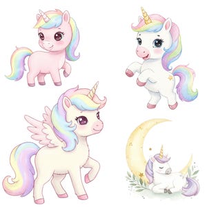 Watercolor rainbow unicorn graphics for kids birthday party decor and baby shower invitations