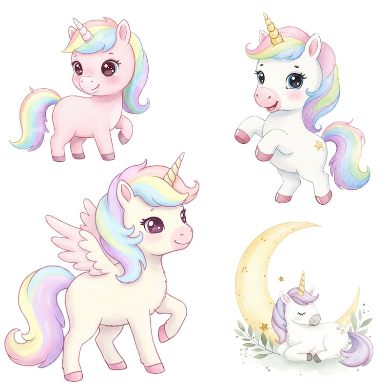 Watercolor rainbow unicorn graphics for kids birthday party decor and baby shower invitations