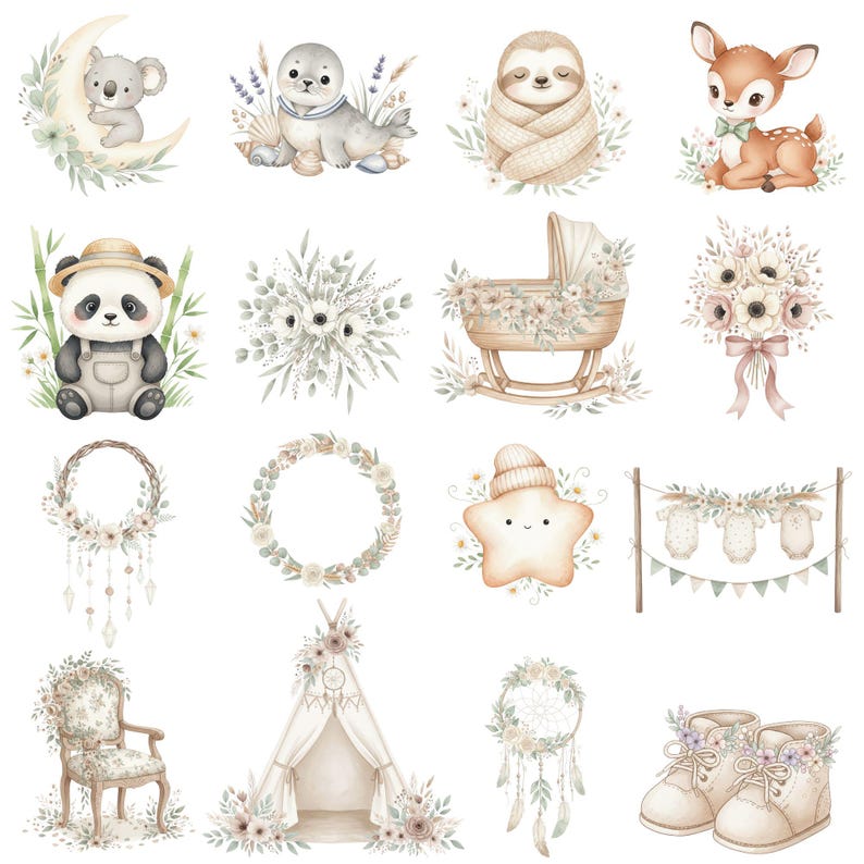 Boho Baby Animals Clipart, Watercolor Woodland Baby Critters, Neutral ...